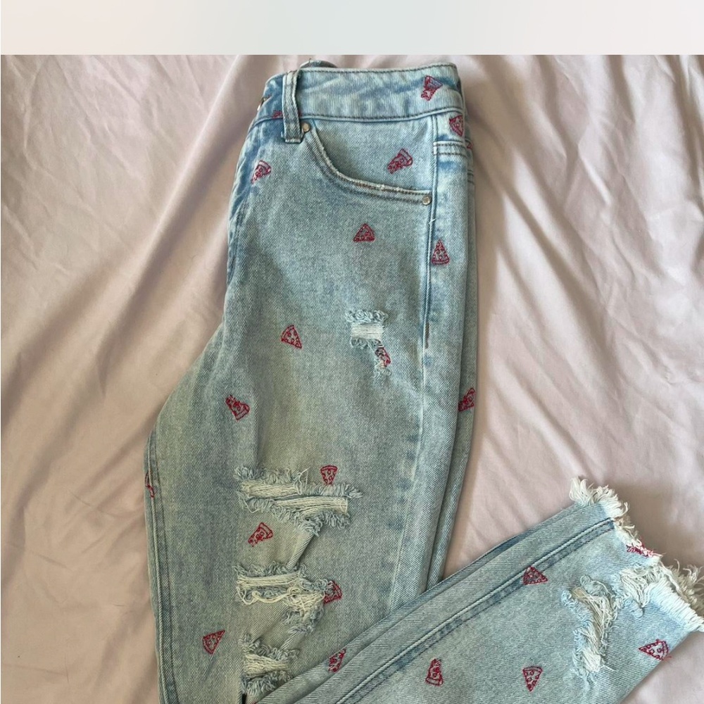 Women's Light Blue Distressed Jeans with Pizza Accents